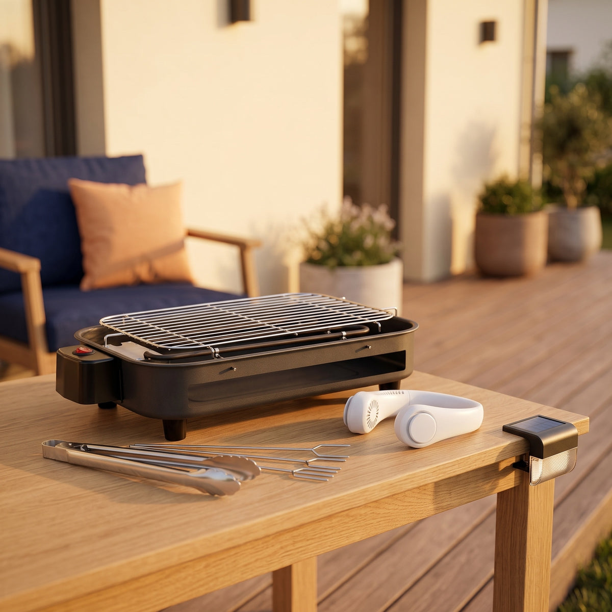 Tabletop grill and outdoor tools on a terrace table