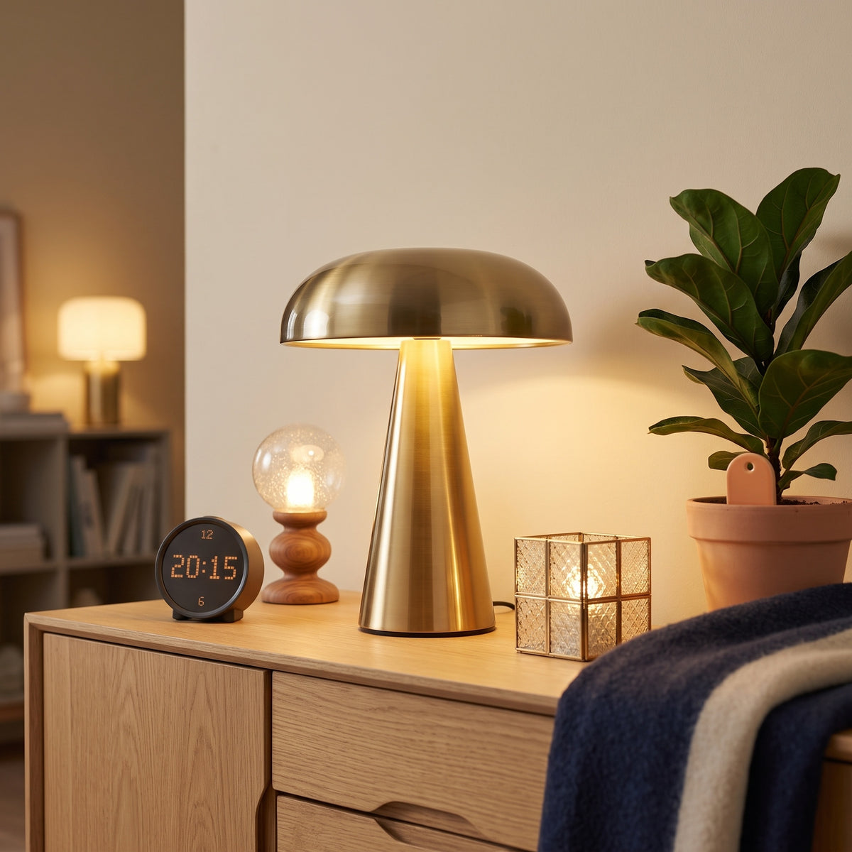 Table lamps and small clocks on a living room sideboard