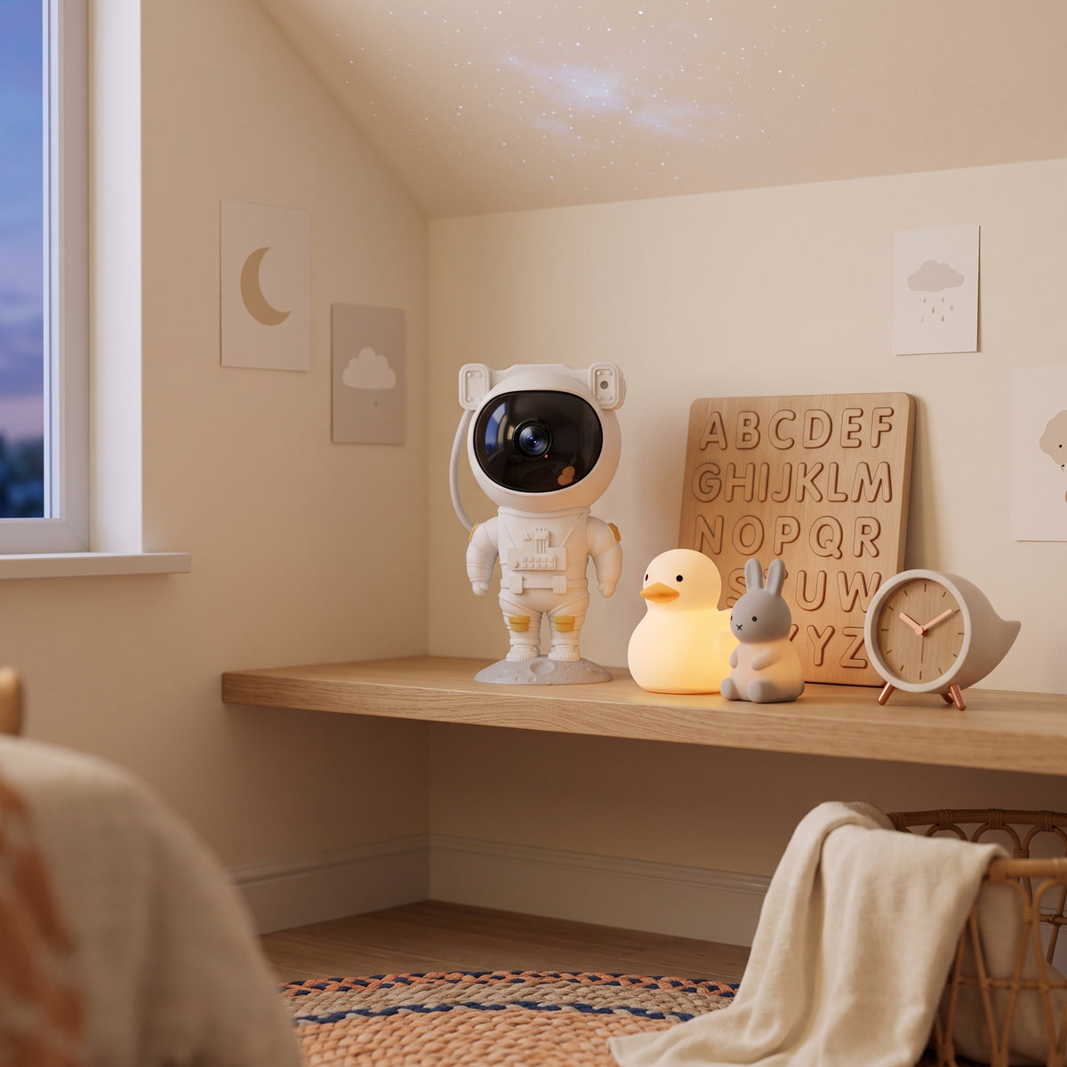 Night lights and a star projector on a nursery shelf