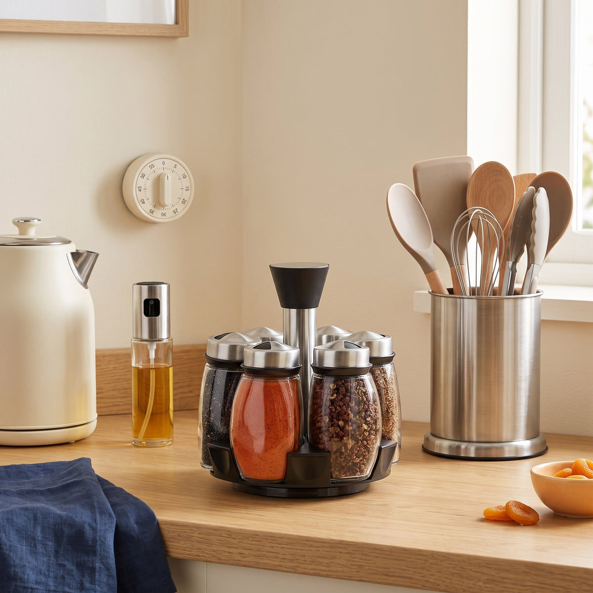 Kitchen and dining tools on a wooden counter