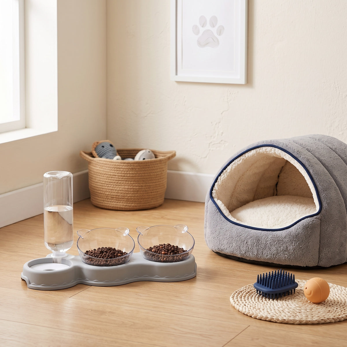 Pet feeder, bed and grooming tools in a home corner
