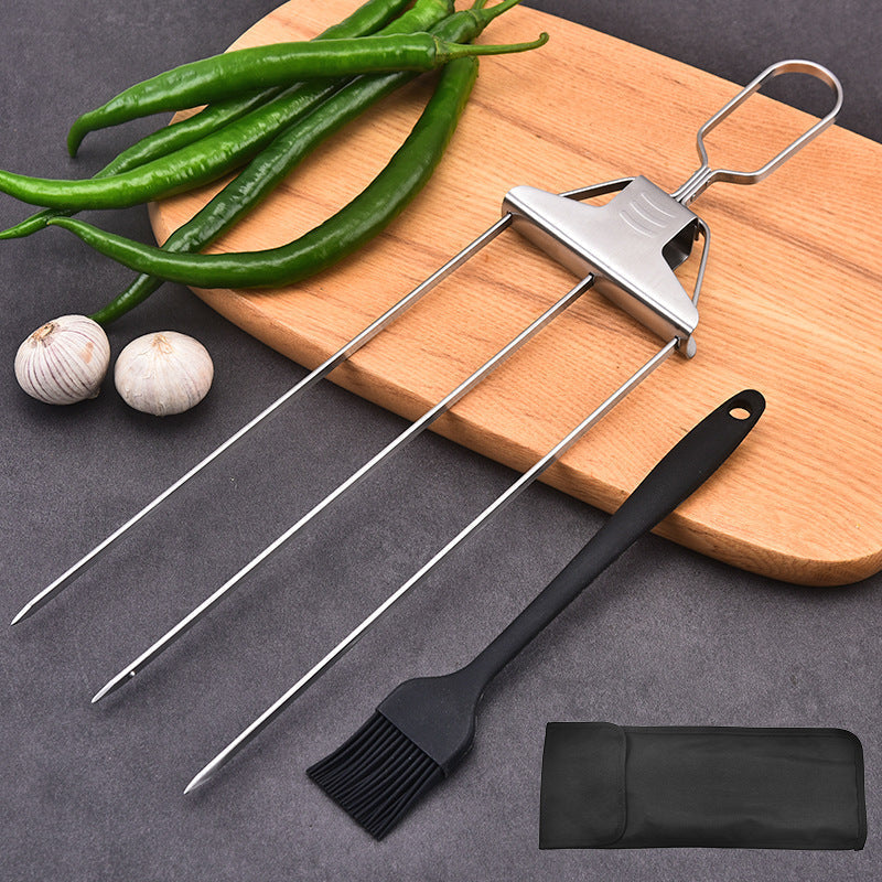 3-Prong BBQ Skewers with Slide Handle, Stainless Steel