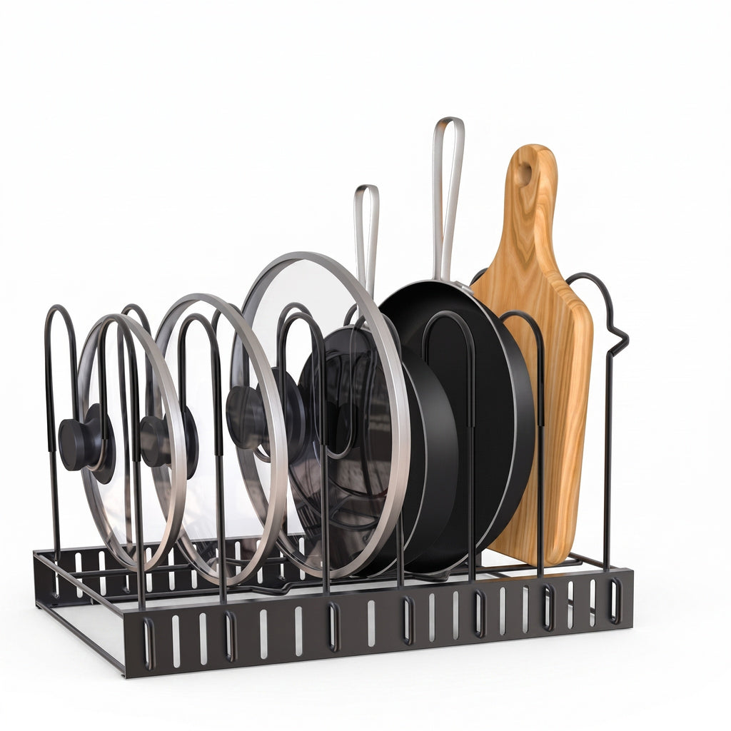 Adjustable 8-Tier Pan & Lid Organizer Rack — Steel
