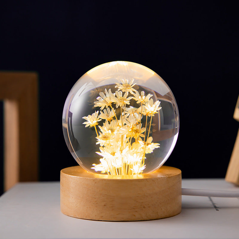 Real Flower Glass Ball Lamp on Wooden Base