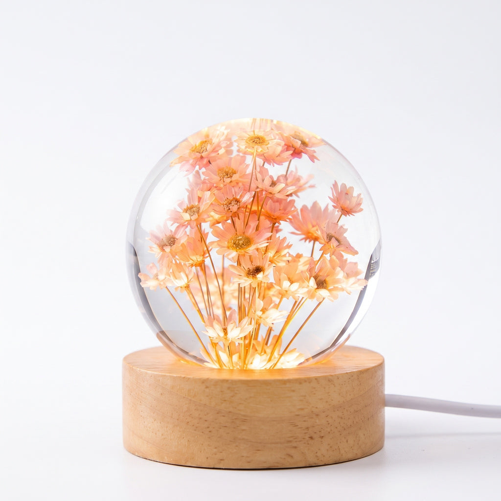 Real Flower Crystal Ball Lamp on Wooden Base