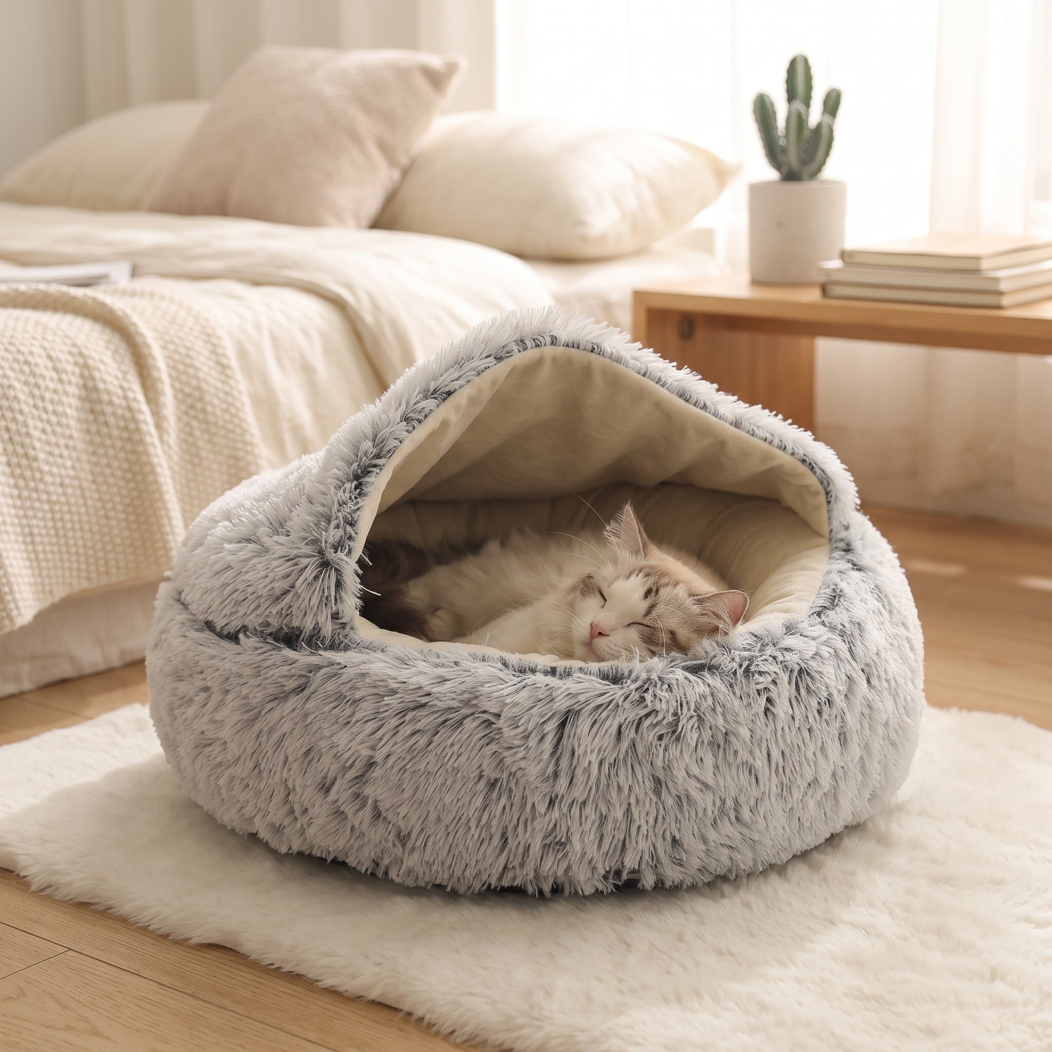 Plush Hooded Pet Bed for Cats & Small Dogs