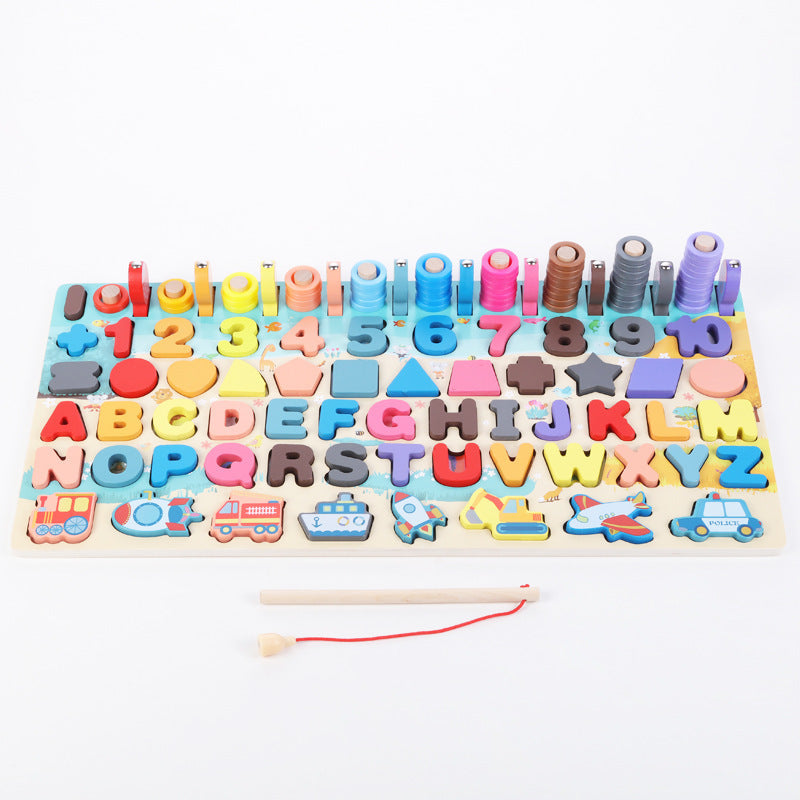 Wooden Learning Board with Letters, Numbers & Fishing Game