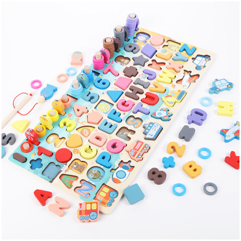 Wooden Learning Board with Letters, Numbers & Fishing Game