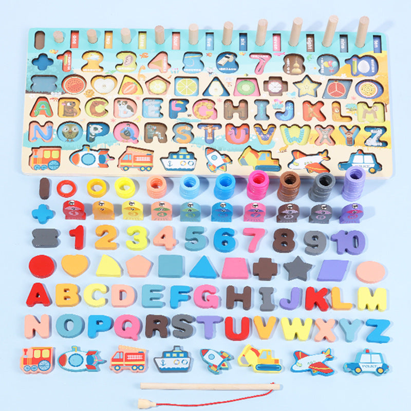 Wooden Learning Board with Letters, Numbers & Fishing Game