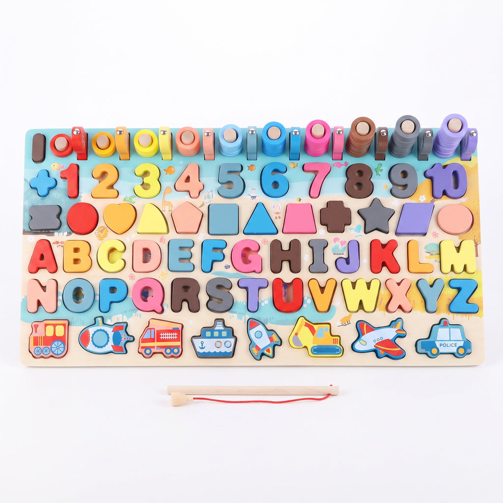 Wooden Learning Board with Letters, Numbers & Fishing Game