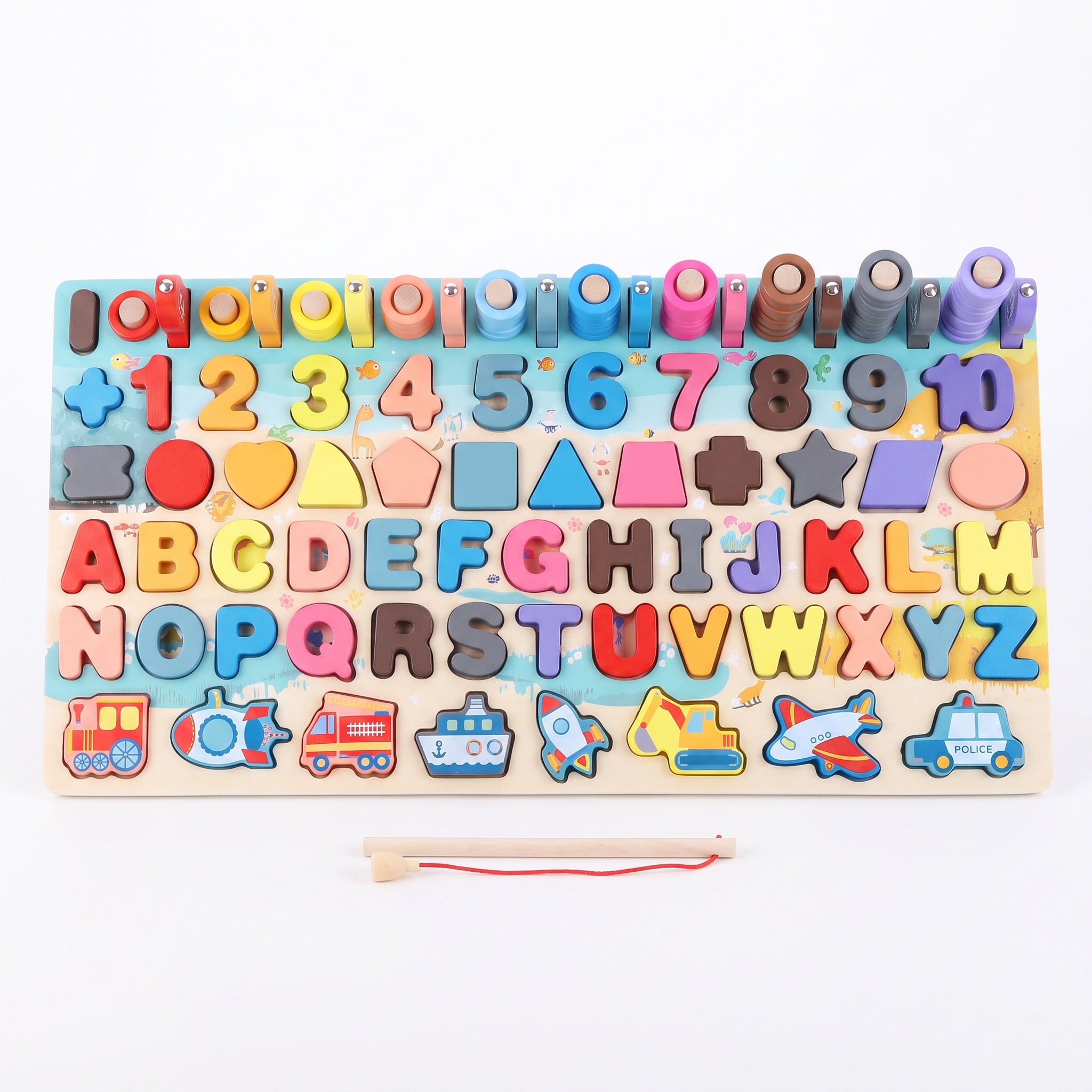 Wooden Learning Board with Letters, Numbers & Fishing Game